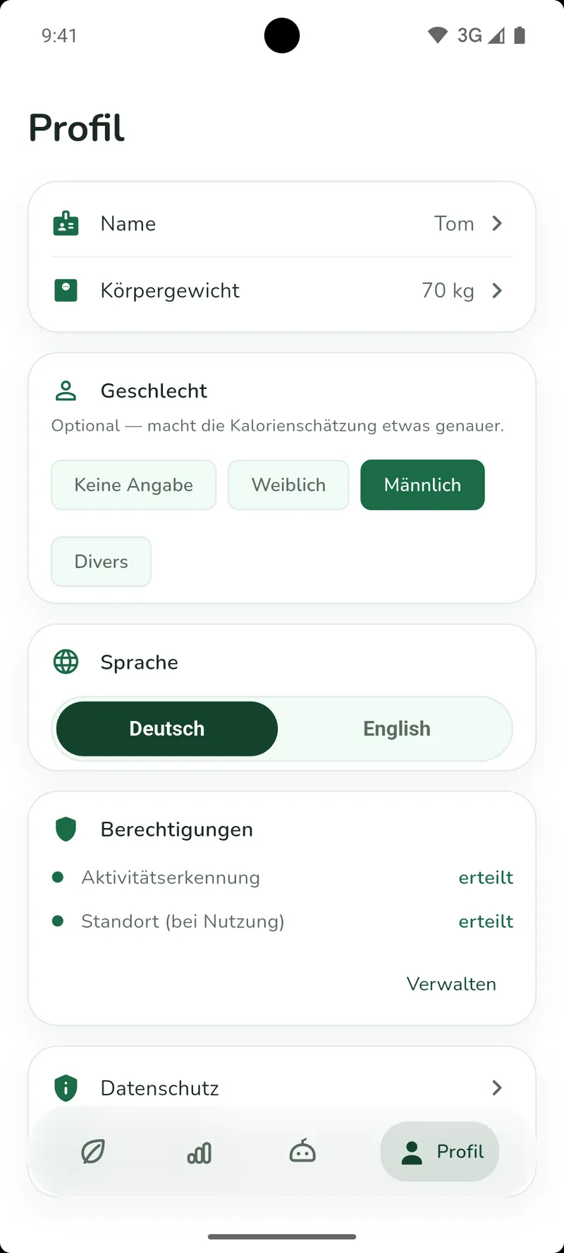Profilansicht mit Spracheinstellung Deutsch/Englisch und einer Liste erteilter Berechtigungen für Aktivitätserkennung und Standort.